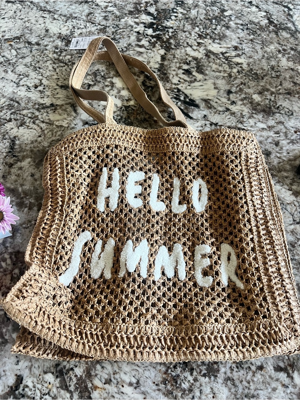 HELLO SUMMER Straw Tote Bag - Natural